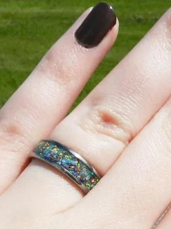 Black Fire and Ice Opal Titanium Ring