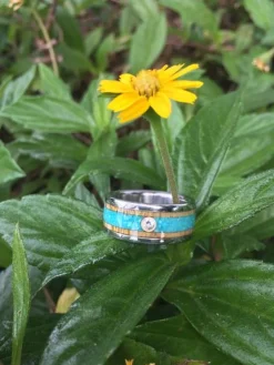 Diamond Titanium Ring Band with Turquoise and Mango Wood