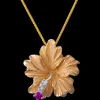 14k Hibiscus Pendant with 3 diamonds and ruby