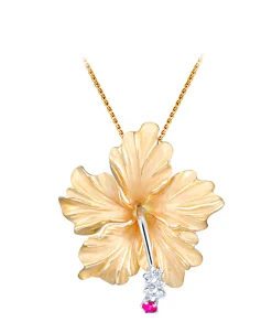 14k 28mm Hibiscus Pendant with 6 diamonds and ruby