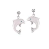 14k 15mm "Jumping Single" Dolphin Ball Post Earrings with 2 blue diamonds