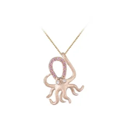 14k Rose Gold Octopus Pendant with 2 Diamonds and 12 Pastel Pink Sapphires