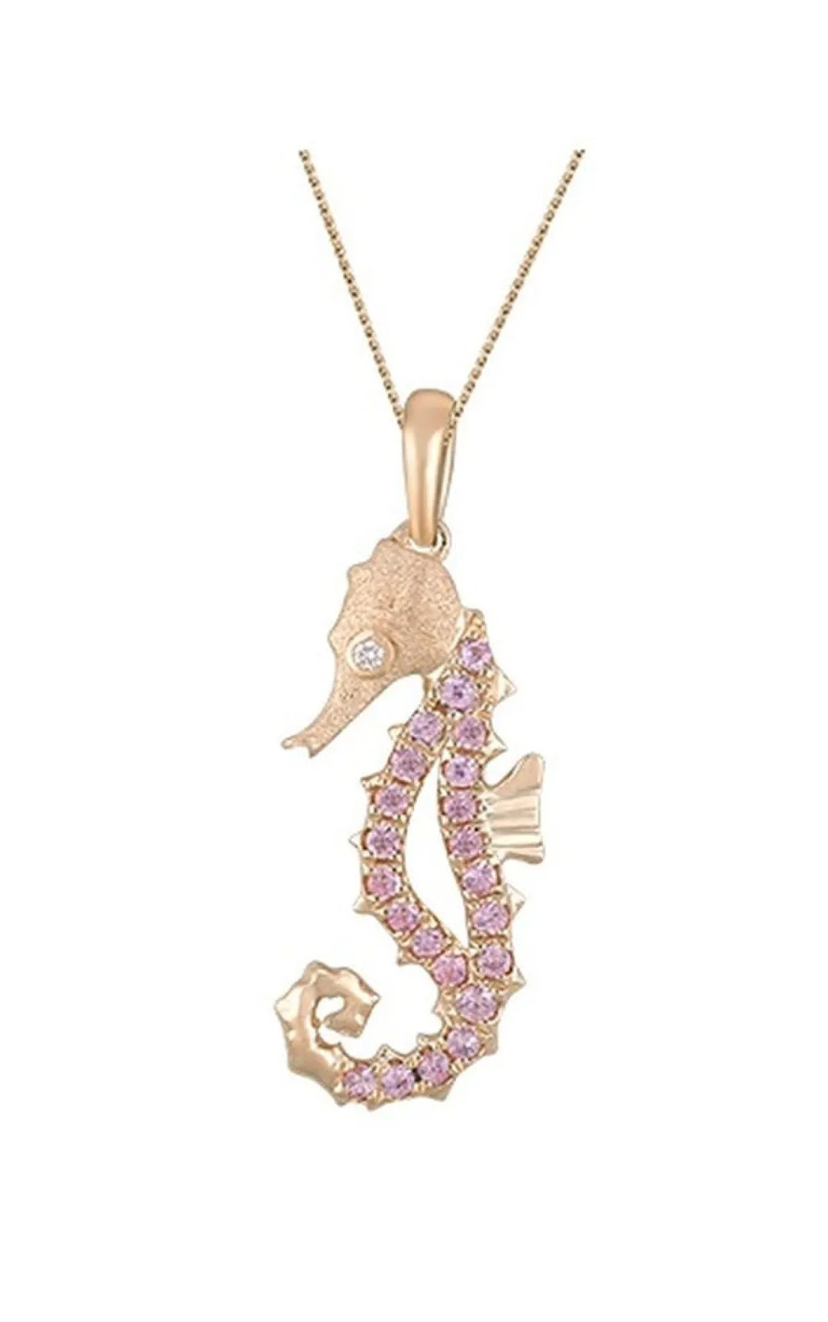 14k Rose Gold Single Sea Horse Pendant with Diamond and 22 Pastel Pink Sapphires