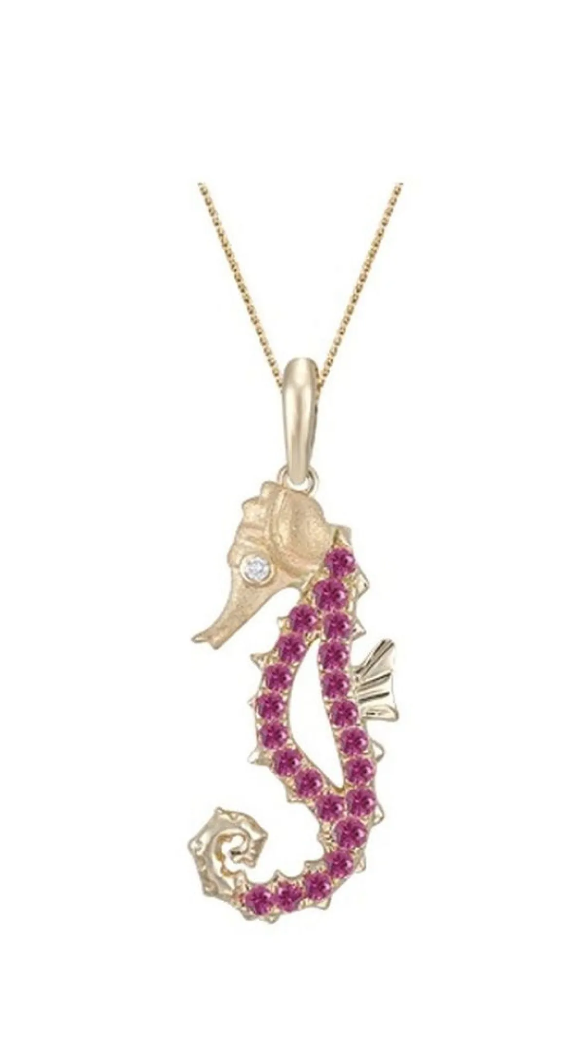 14k Single Sea Horse Pendant with Diamond and 22 Hot Pink Sapphires