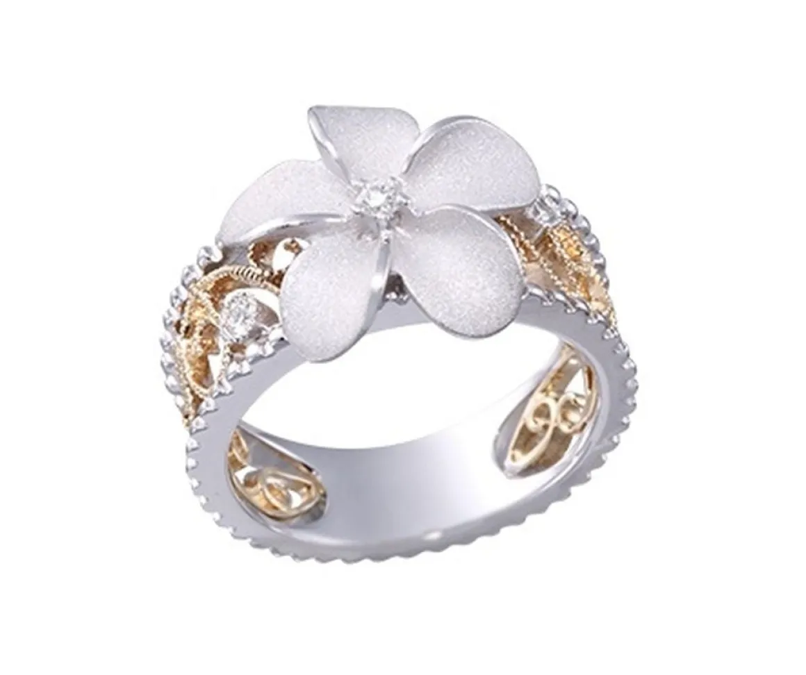 14k 2/tone Chandelier Plumeria Ring with 3 Diamonds