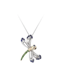 14k 2/tone Dragonfly Pendant with 16 Blue Sapphires and 7 Tsavorites