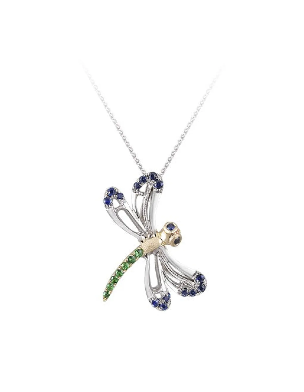 14k 2/tone Dragonfly Pendant with 16 Blue Sapphires and 7 Tsavorites