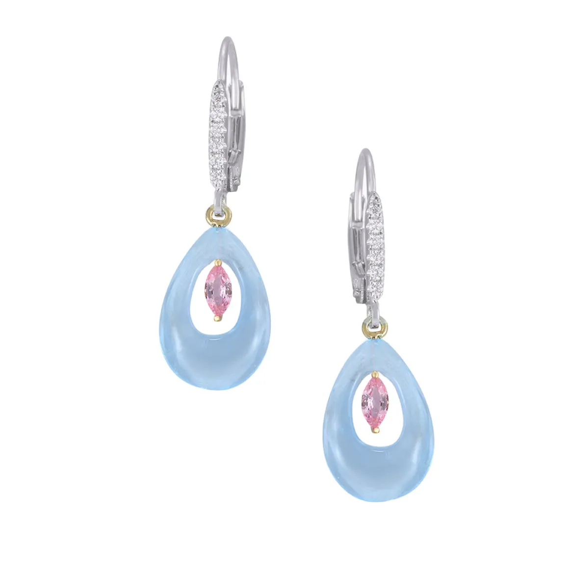 18k 2/tone Earrings with 12 Diamonds .06ct, 2 Pink Sapphires .20ct, 2 Blue Topaz 6.20ct