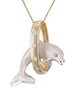 14k 2/tone 20mm "Jumping Loop" Dolphin Pendant with 5 diamonds