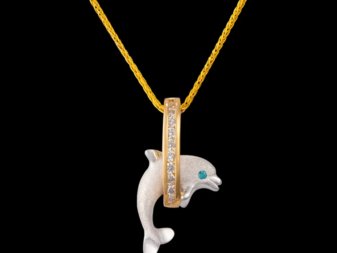 14k 2/tone 15mm "Jumping Loop" Dolphin Pendant with 10 diamonds