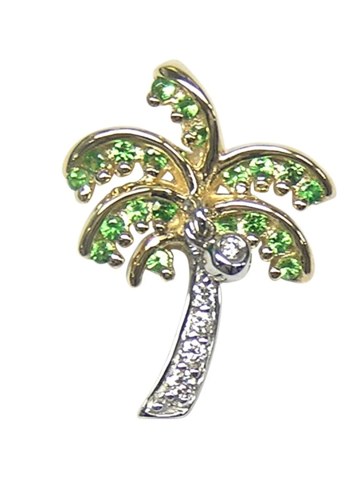 14k 2/tone 15mm Single Palm Tree Pendant with 5 Diamonds & 20 Tsavorites