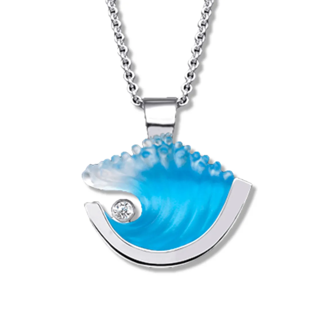 14K White Gold Medium Wave Pendant with Diamond