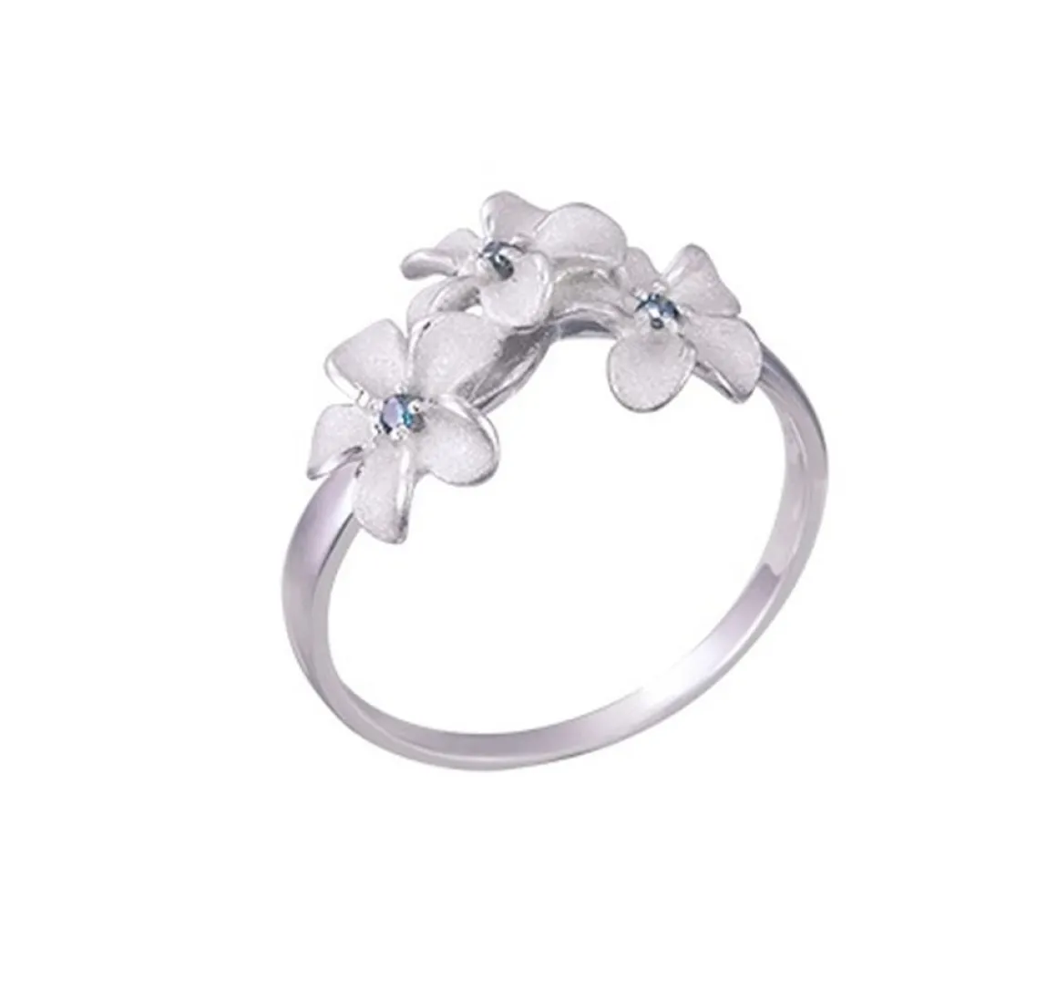 14k White Gold 8mm Plumeria Ring with 3 blue diamonds