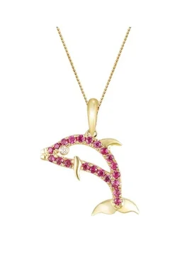 14k Yellow Gold Dolphin Pendant with Diamond and Hot Pink Sapphires