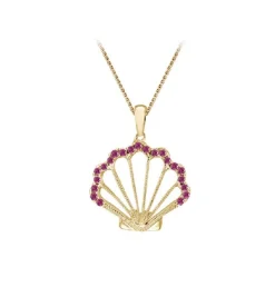 14k Yellow Gold Shell Pendant with 21 Hot Pink Sapphires