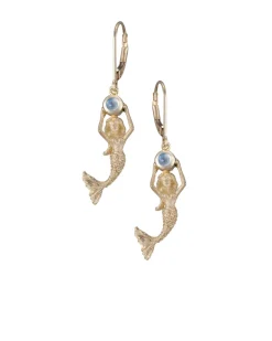14ky Mermaid Earrings with 2 Blue Topaz .24ct, 2 Moonstones .19ct with Dangle Leverback