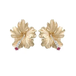 20mm 14k Hibiscus Earring with 6 diamonds and 2 rubies