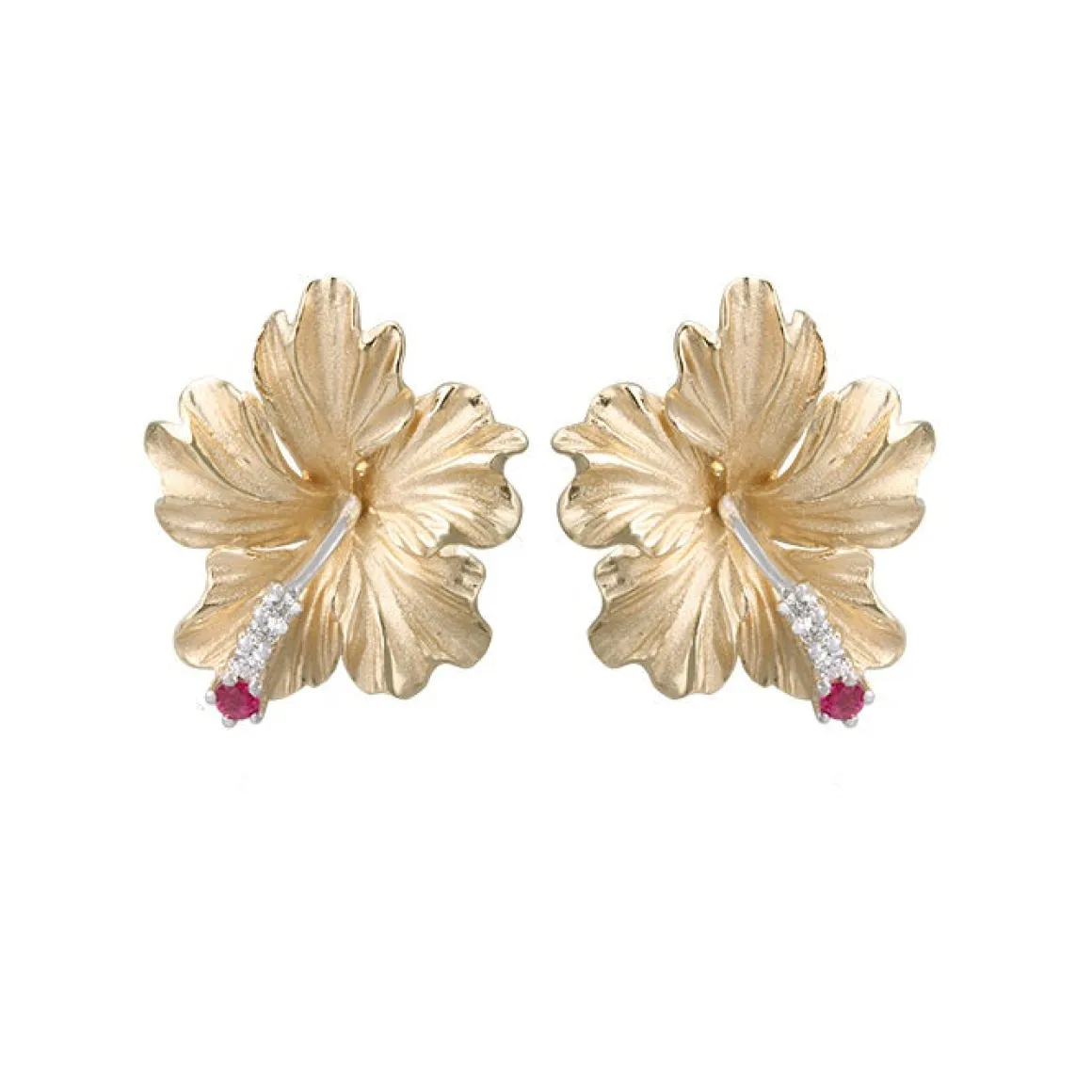 20mm 14k Hibiscus Earring with 6 diamonds and 2 rubies