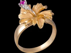 15mm 14k Hibiscus Ring with 2 diamonds and ruby