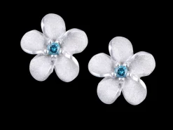 8mm 14k Plumeria Earring with 2 blue diamonds