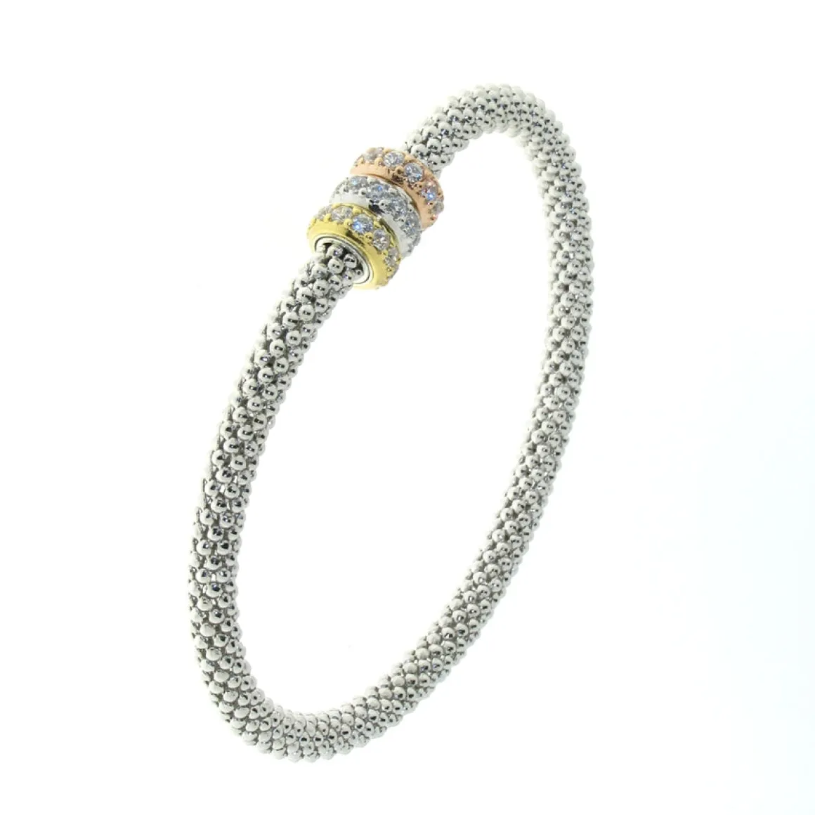 Sterling Silver Tri-Colored (Rose, White and Yellow) Cubic Zirconia Flexible Bangle