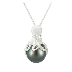 White Gold Octopus Pendant With 13mm Tahitian Pearl & Diamonds