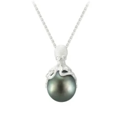 White Gold Octopus Pendant With 11mm Tahitian Pearl & Diamonds